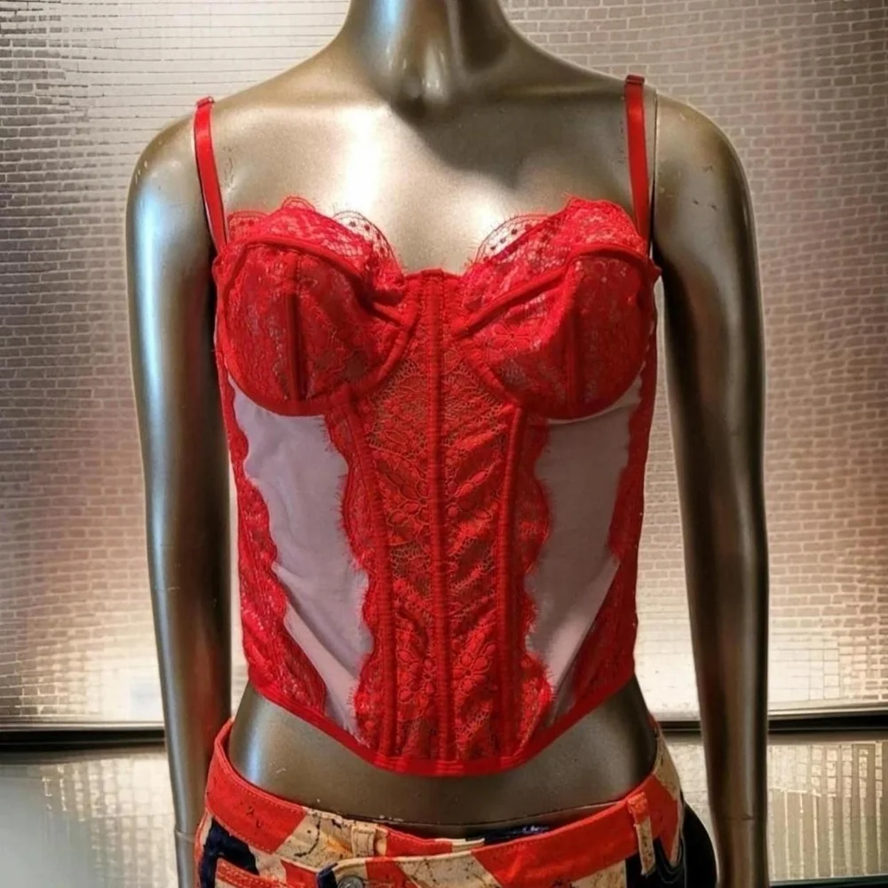NWT Sexy Red Eyelash Lace Bustier Corset Sheer Mesh Top